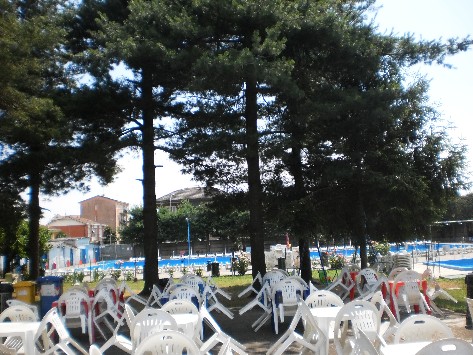Tavoli e sedie sotto i pini, con la piscina sullo sfondo
