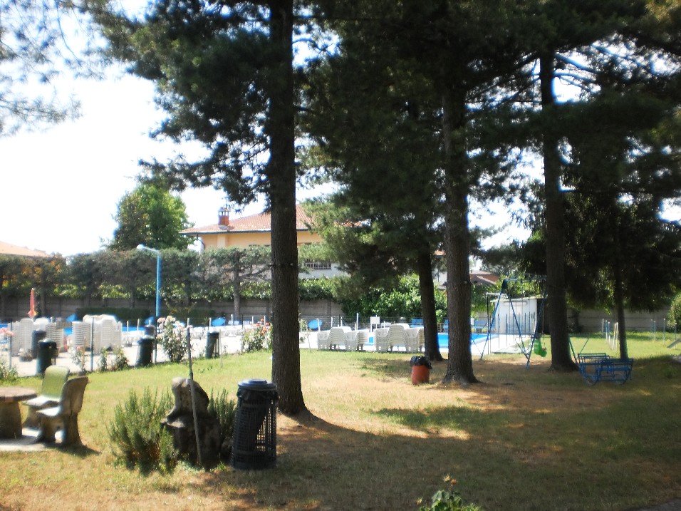 Prato alberato con sedute e piscina sullo sfondo